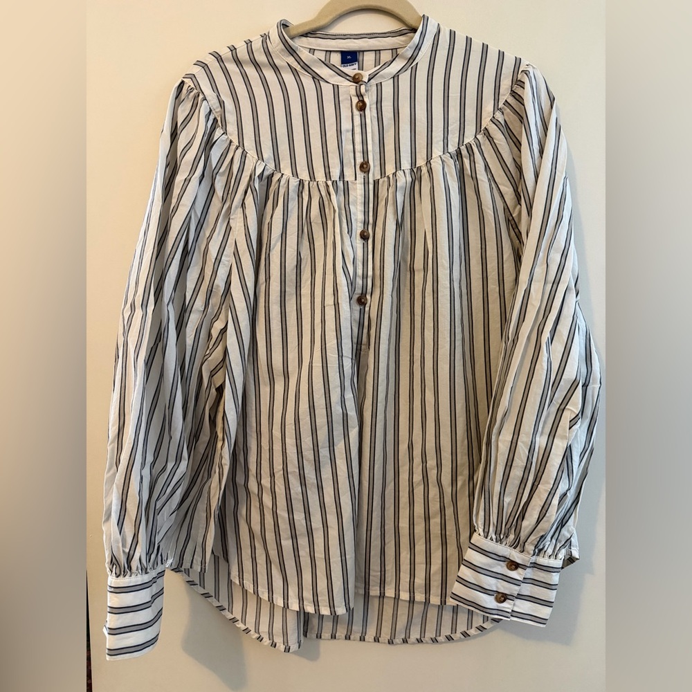 Striped White and Black Button-Up Peasant Blouse